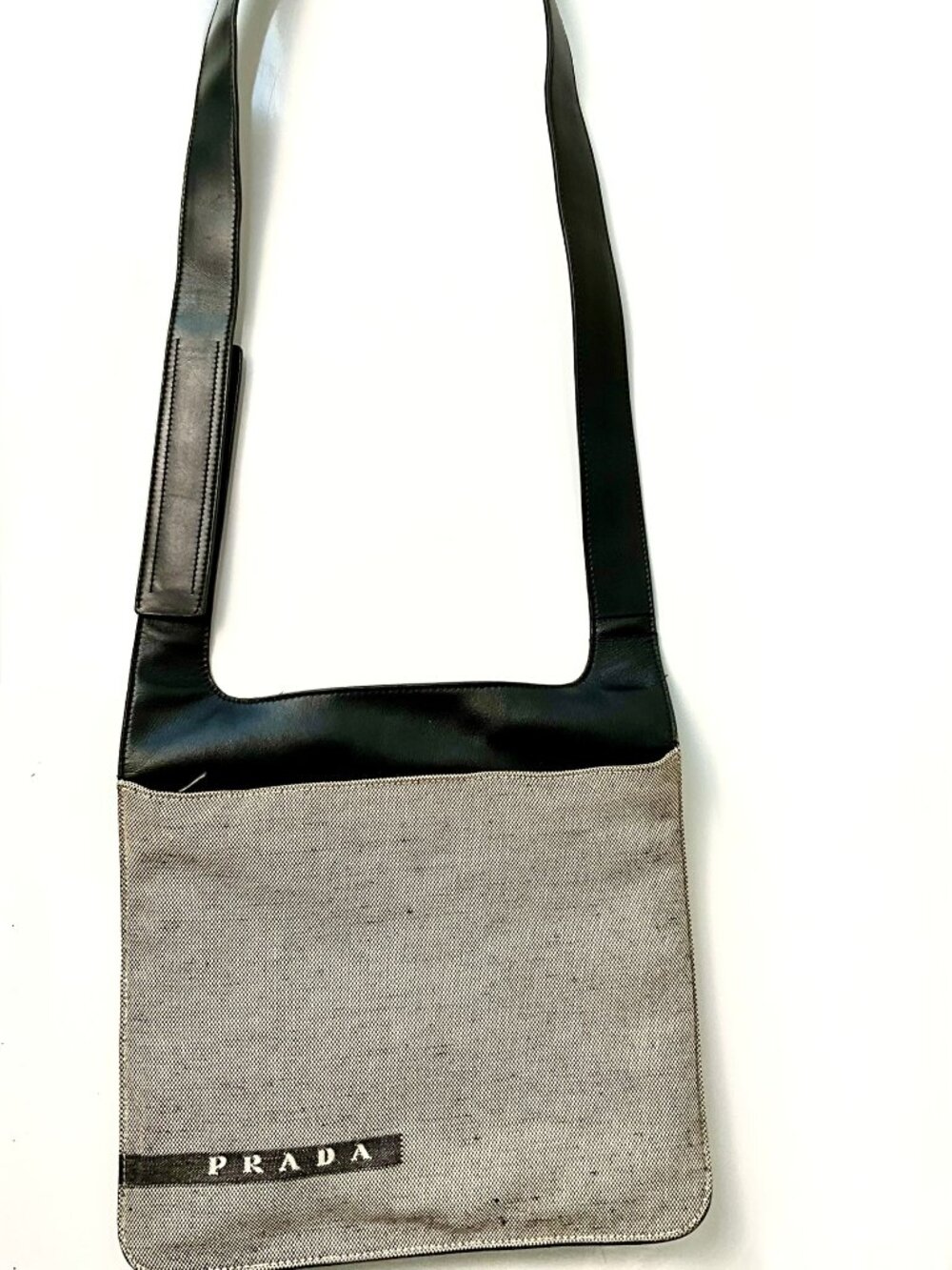 Vintage PRADA Canvas & Leather Crossbody Bag Black Beige Logo. Made in Italy